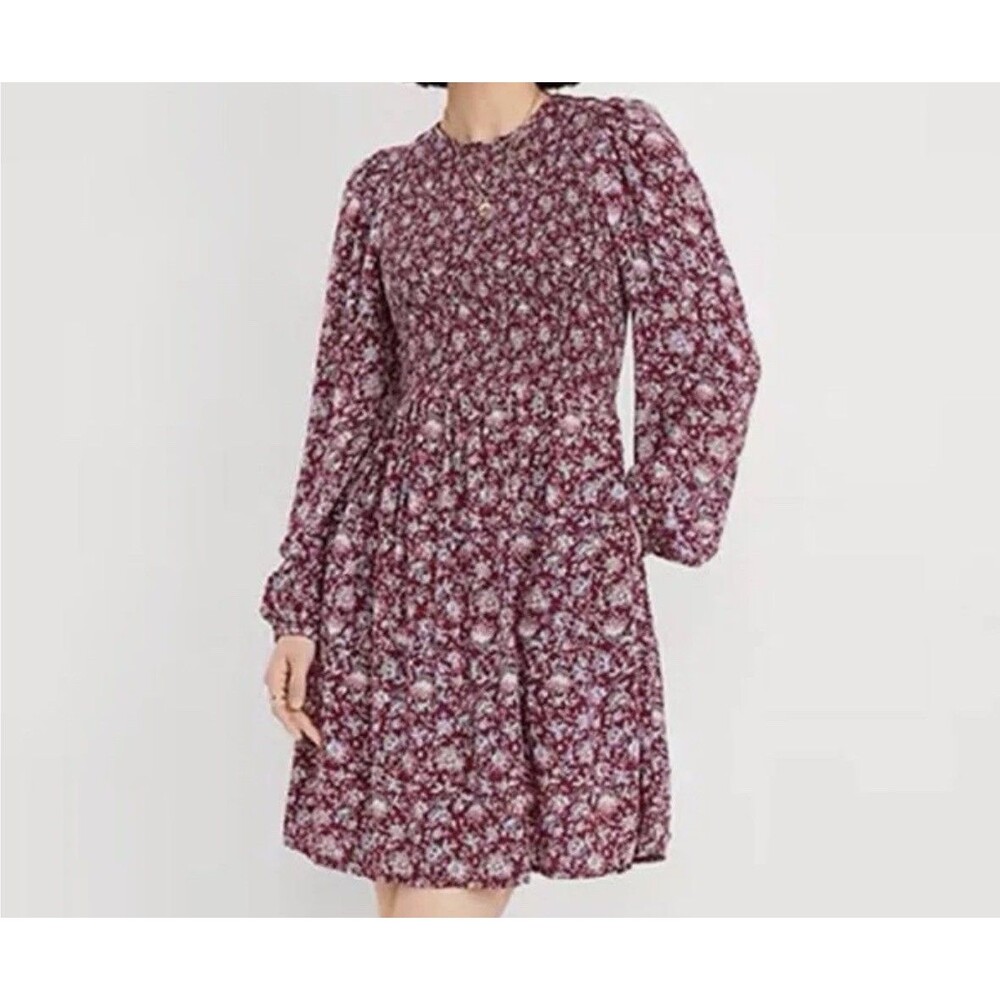 Old Navy Women's L Burgundy Fit & Flare Mini smocked Dress Long Sleeve Fall